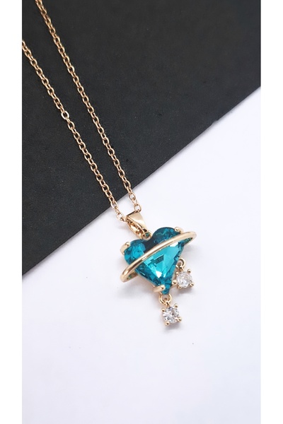 Serenity Blue Heart Steel Necklace with Saturn Ring