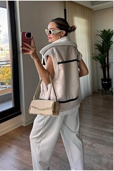 MODA Yakası içi kürklü oversize kalıp nubuk düşük kol yelek