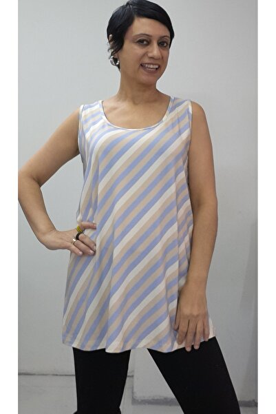 Mertcan Butik Blue Latte Cream Striped Thick Strap Combed Viscose T-Shirt