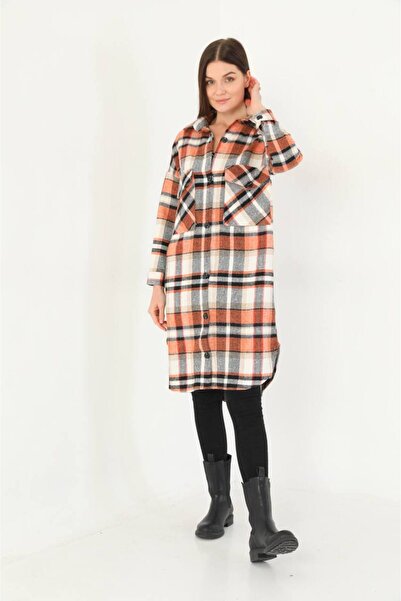 Polologin Butik Turuncu Bej Geniş Kalıp Ekoseli Kışlık Gömlek Elbise
