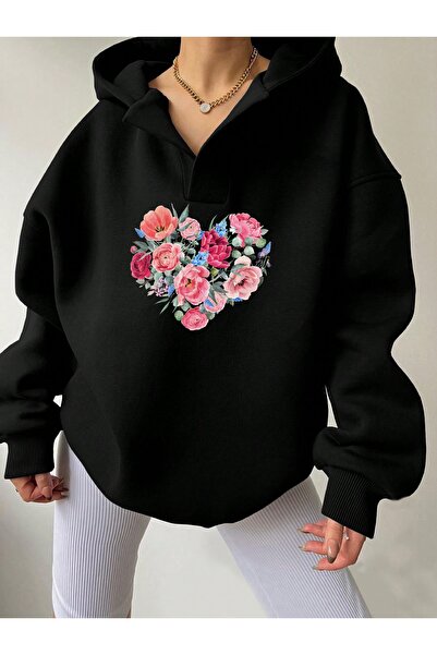 Deocept Φούτερ Unisex Μαύρο με λαιμόκοψη σε σχήμα V με με κουκούλα τσέπες Λεβάντα με τύπωμα oversized