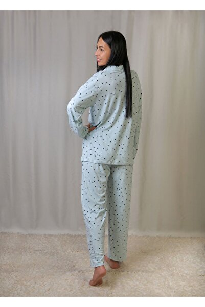 emsal özgür tekstil Yumuşacık Pamuklu Yıdız Desenli Gömlek Yaka Mavi Pijama Takımı Battal Beden