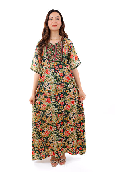 amaan Women Floral Jalabiya Dress, Modern Arabic style design with Embroidered Neckline, Sand Crepe Fabric