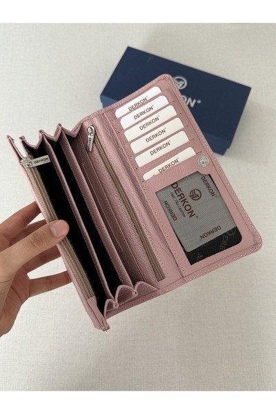 DERKON Portofel pentru femei cu multe compartimente din piele naturală roz pudrat