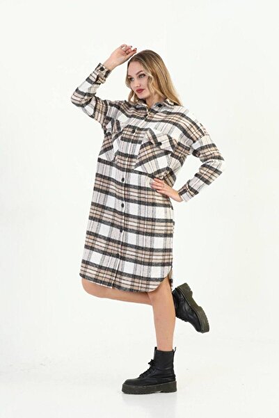 Polologin Butik Rochie cămașă în carouri bej, stil lumberjack
