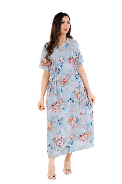 amaan Women's Floral Print Midi Jalabiya Dress, Short Sleeve V-Neck with Belt, Modern Design for Ocassion