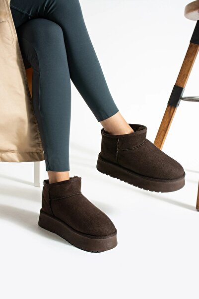 COMFORT OF PANTOFOLE Kadın Taba Süet Içi Kürklü Yünlü Kalın Tabanlı Yüksek Topuklu Taban Kışlık Bilekte Mini Ugi Bot