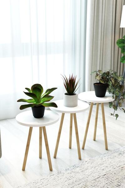 MERVİNG BEYAZ 3'lü Ahşap Saksılık Çiçek Standı Ham Ayaklı Dekoratif Amaçlı kullanım