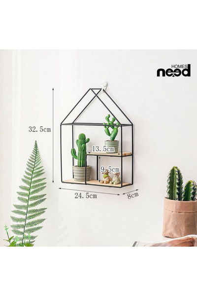 GESR HOME Decorative wall shelf in the shape of a house with a metal frame and wooden shelves