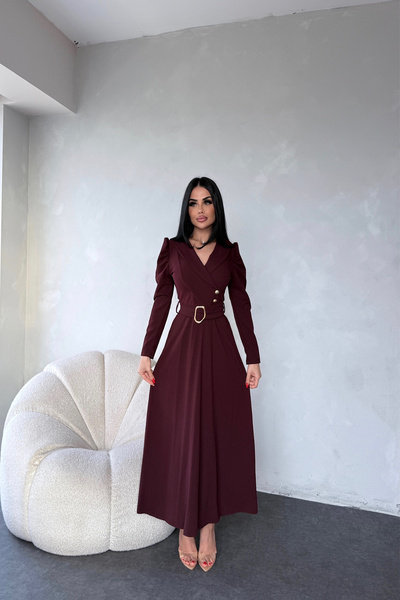 LİLA İSTANBUL Kruvaze Yaka Düğme Detaylı Kemerli Bordo Elbise
