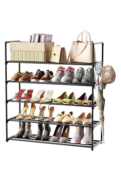 Generic NA HOMEBITE رف أحذية معدني مكون من 5 طبقات، منظم تخزين أحذية قابل للتعديل مع خطافات متعددة الاستخدامات، St