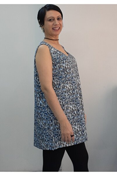 Mertcan Butik Blue Indigo Latte Patterned Thick Strap Combed Viscose T-Shirt