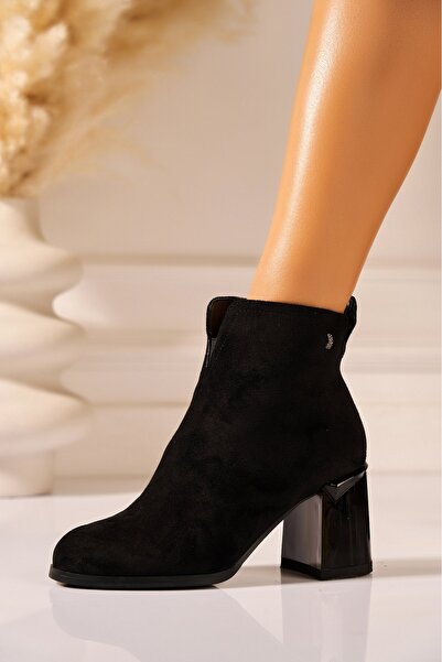Joana Γυναικεία μοντέρνα μαύρα μποτάκια από τεχνητό σουέτ με τακούνι 8 εκατοστών