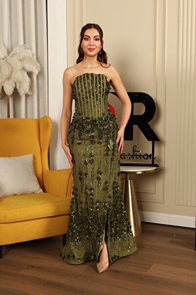 Dr Fashion Off-shoulder olive green floral evening dress