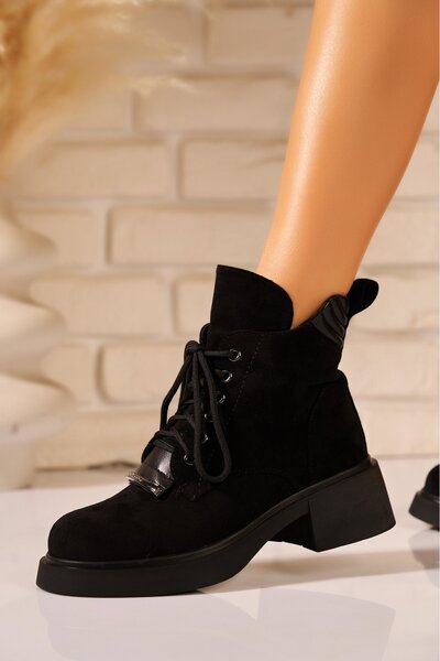 Joana Ghete de damă negre din piele întoarsă artificială, căptușite cu blană