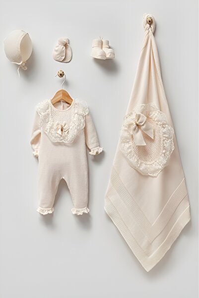 Nipperland Çaren Kids - Girl's Lace Detailed Newborn Knitwear 5-Piece Set - Knitwear Jumpsuit, Blanket, Socks, Hat & Gloves