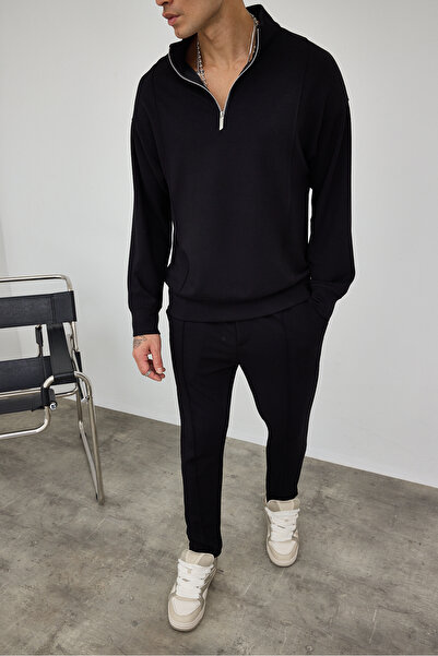 MADZEYMODA Преміум чоловічий модальний костюм з напівзастібкою, стоячим коміром і чорними штанами LS-87009