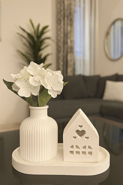 Beyaz Atölye Modern Dekoratif Vazo,Mumluk,Tepsi Üçlü Set