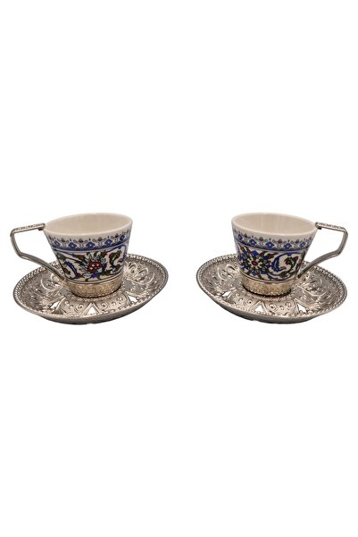 EHA Set 2 cesti cafea din ceramica si zamac, 75 ml, Ø6.5 x h5.5 cm, - Argintiu