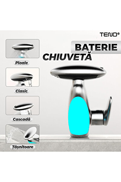 Teno ® Premium Bathroom Faucet, 4 Spray Types, LED Lighting, Ceramic Cartridge, Chrome/Gray