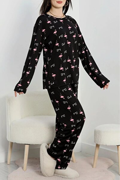 DAS KLEID Soft Milan Alt Üst Same Pajama Set Black Flamingo
