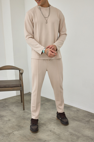 MADZEYMODA Ανδρικό υφασμάτινο κοστούμι Premium με λαιμόκοψη μπεζ με χρώματα της γρασίδις LS-82014