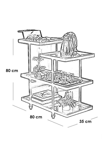 Generic Modern metal service cart with four clear glass shelves and wheels for easy movement