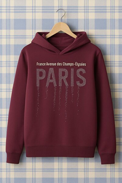 Ramior Women's Burgundy Paris Stone Detail K Hooded Sweatshirt