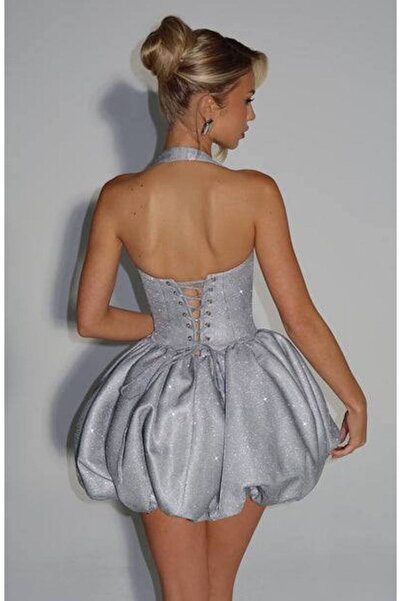 Larenmoda Gümüş ışıltılı mini parti elbise