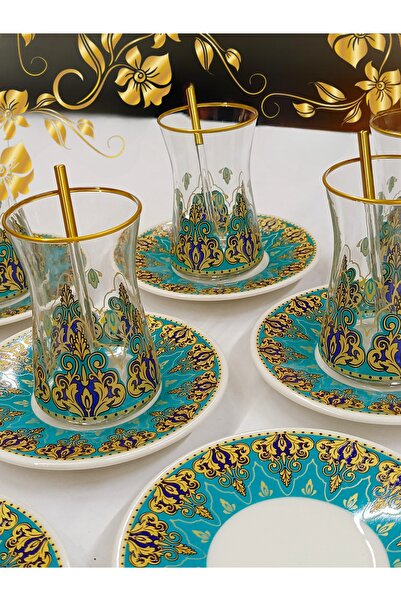 SAMSA Gold Pearl Turquoise Model Patterned Porcelain Plate Glass Cup 6 Person Tea Set