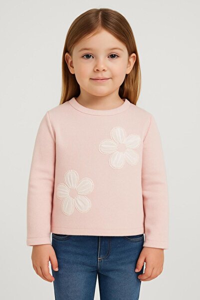 Ramior Детска блуза с разкроени ръкави и апликация с цветя - прахово розово