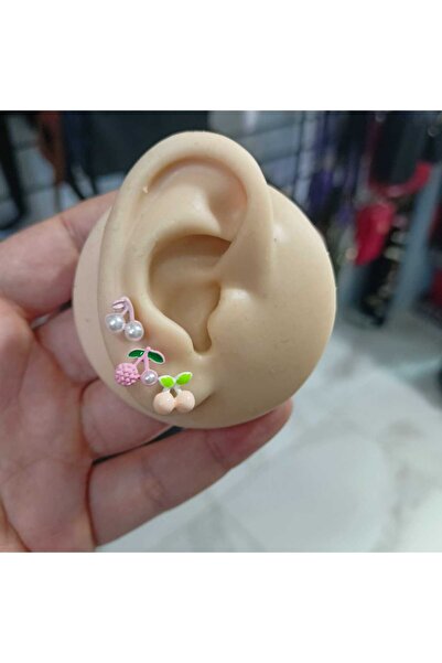 Bulut Takı Aksesuar Kiraz figürlü çoklu (3 çift) çelik küpe