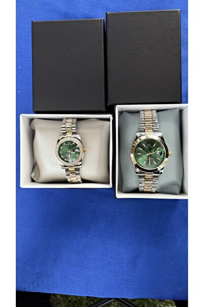 Show Time Aşkın Ritmi: Takvimli Yeşil Kadran Sevgili Saat Seti | Çelik Kordon | Özel Kutusunda