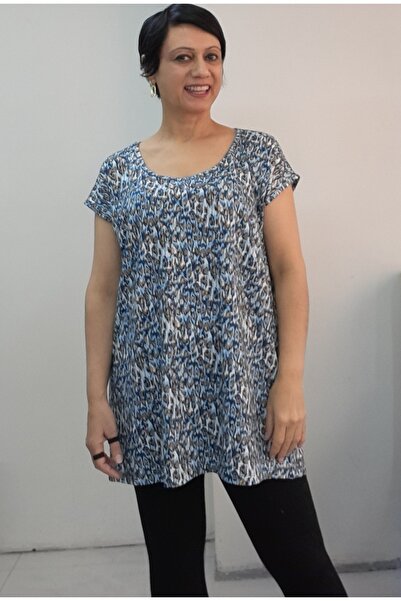 Mertcan Butik Blue Latte Indigo Patterned Size Fits All Low-Sleeve Combed Viscose T-Shirt