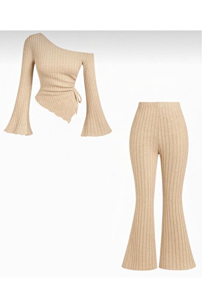 albaroda Bluză bej cu șnur lateral și pantaloni evazat pentru femei