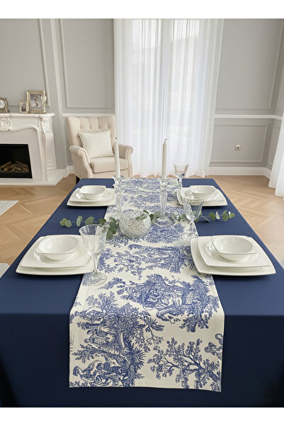 DEALP HOME COLLECTİON Navy Blue English Peasants Vintage B Printed Runner 40X150 Tableware Presentation Cloth Table Cover
