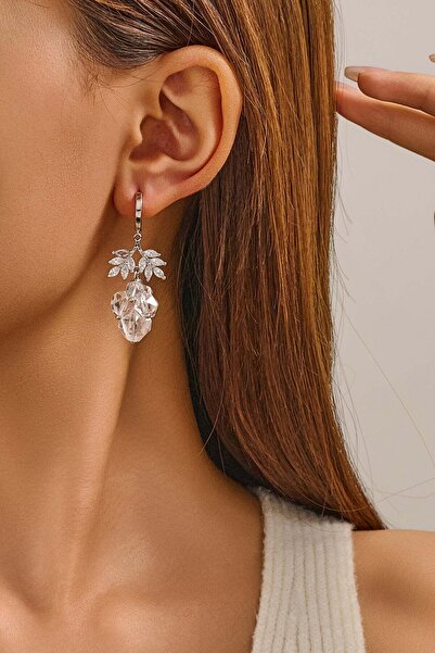 FAYRA ACCESSORIES Zirkon ve Berrak Kuvars Doğal Taşlı Beyaz Altın Kaplama Küpe