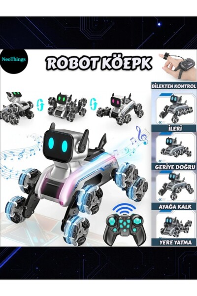 YILDIRIM OYUNCAK Bilekten Kumanda Kontrollü Çok Fonksiyonlu Işıklı Müzikli Şarjlı 8 Tekerli 25 CM Robot Köpek Araba