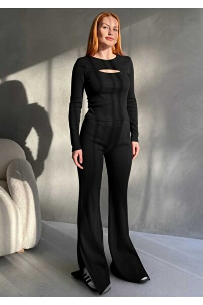 albaroda Bluză neagră guler rotund pentru femei și pantaloni evazat