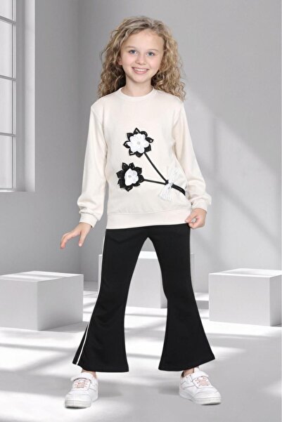 mhk burç bebe Girl's Floral Top and Bottom Set – Sweatshirt and Flared Pants - Ages 2 - 9