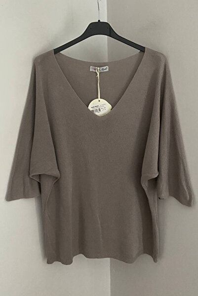 AYASOFYA OTANTIK Women's Italian Mink V-Neck Plain Pattern Three Quarter Sleeve Loose Knitwear Blouse