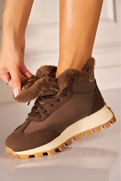 Joana Γυναικείες καφέ ζεστές μπότες από τεχνητό δέρμα