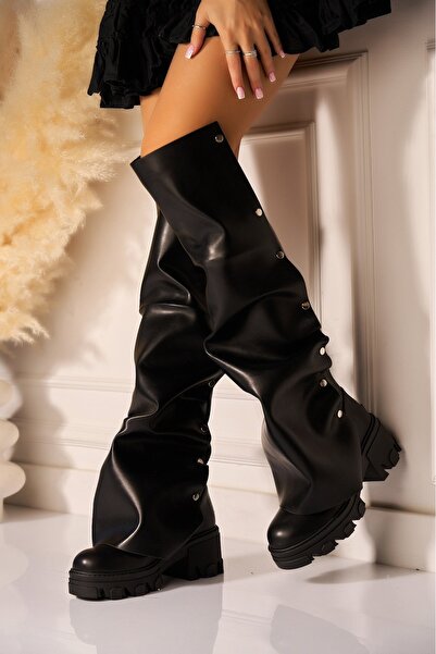 Joana Ghete de damă la modă, negre, din piele ecologică, căptușite cu blană