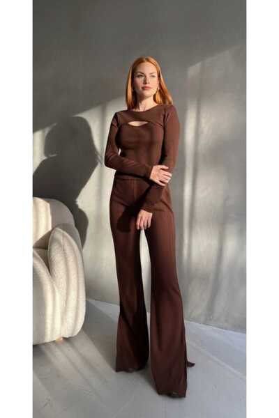 albaroda Γυναικεία καφέ μπλούζα με λαιμόκοψη και παντελόνι καμπάνα