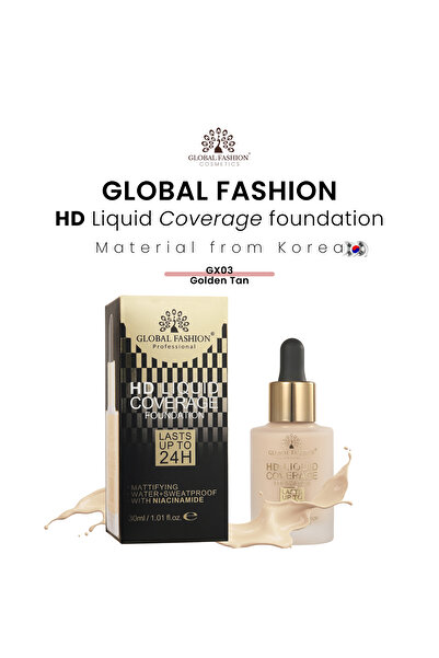 global fashion Fond de ten, HD Liquid Coverage Foundation, 30ml, GX03, Golden Tan