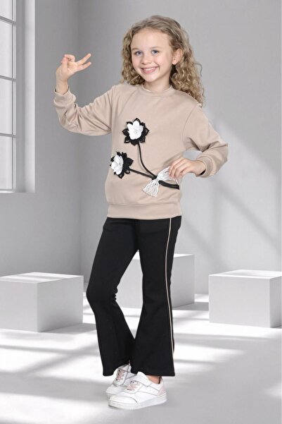 mhk burç bebe Girl's Floral Top and Bottom Set – Sweatshirt and Flared Pants - Ages 2 - 9