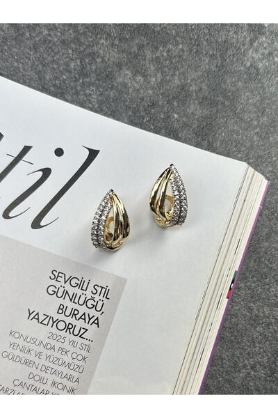 Serenity Atelier Boutique SAB Yeni Sezon Gold Zirkon Taş Detaylı Veni Küpe