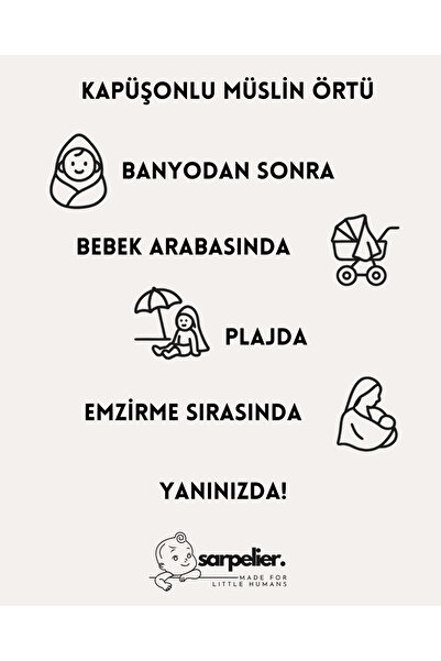 sarpelier Büyük Boy Kapüşonlu Ayıcık Desen Müslin %100 Pamuk Bebek & Çocuk Müslin Battaniye 100x100cm