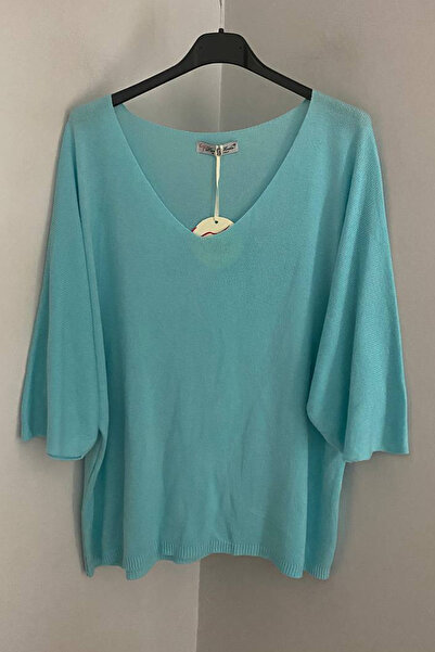 AYASOFYA OTANTIK Γυναικεία ιταλική τιρκουάζ μπλούζα με λαιμόκοψη σε σχήμα V με απλό σχέδιο με τριών τετάρτων μανίκια φαρδιά πλεκτή μπλούζα