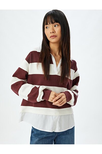 Koton سويت شيرت نسائي 5wal10446ık مخطط باللون الأزرق الداكن